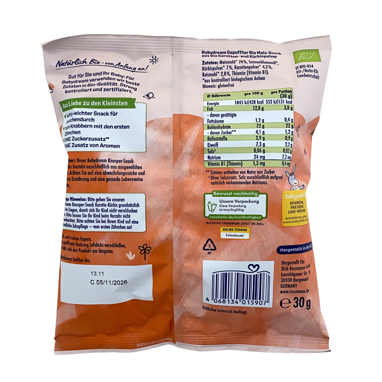 Babydream カリカリコーンスナック にんじん・かぼちゃ味 8か月から 30g のパッケージ裏面・食品表示