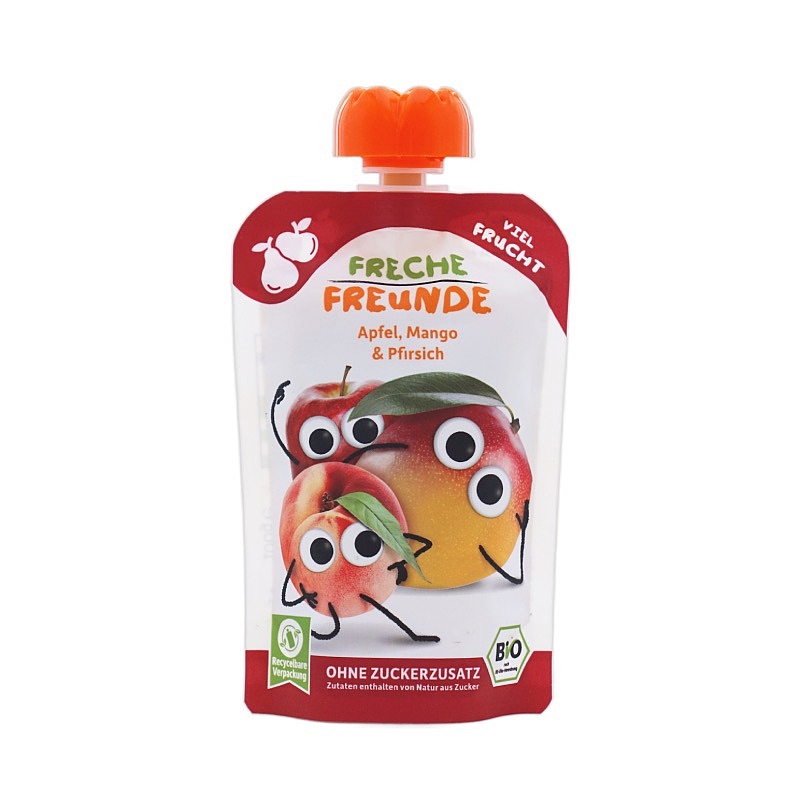 Freche Freunde(フレッヒェフロインデ)フルーツピューレ りんご・マンゴー・もも 6か月から 100gのパッケージ