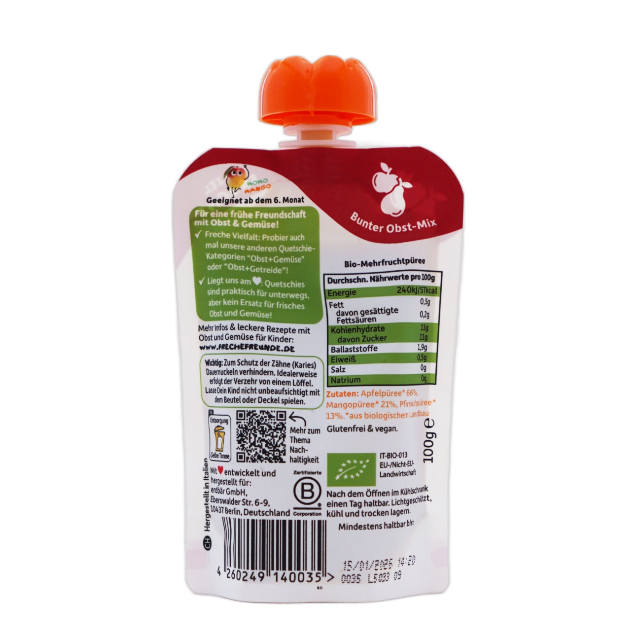 Freche Freunde(フレッヒェフロインデ)フルーツピューレ りんご・マンゴー・もも 6か月から 100g パッケージ裏・食品表示