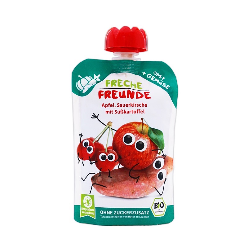 Freche Freunde(フレッヒェフロインデ)フルーツピューレ りんご・サワーチェリー・さつまいも 6か月から 100gのパッケージ