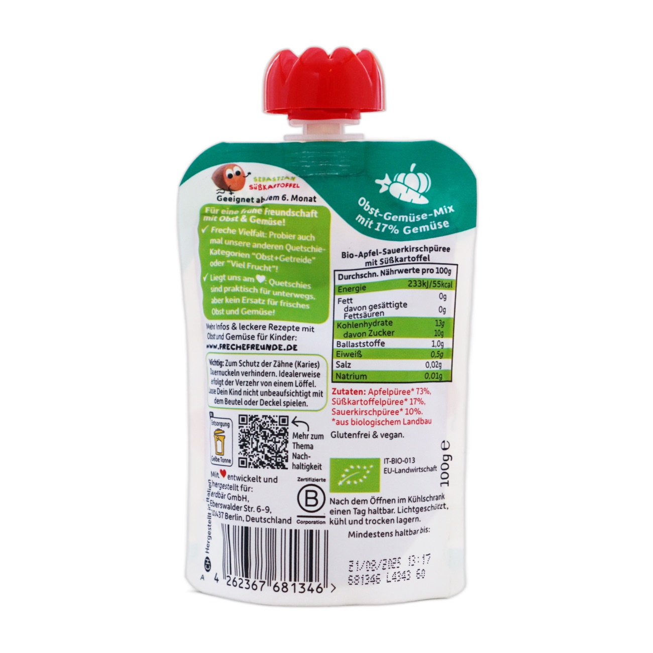 Freche Freunde(フレッヒェフロインデ)フルーツピューレ りんご・サワーチェリー・さつまいも 6か月から 100g パッケージ裏面・食品表示