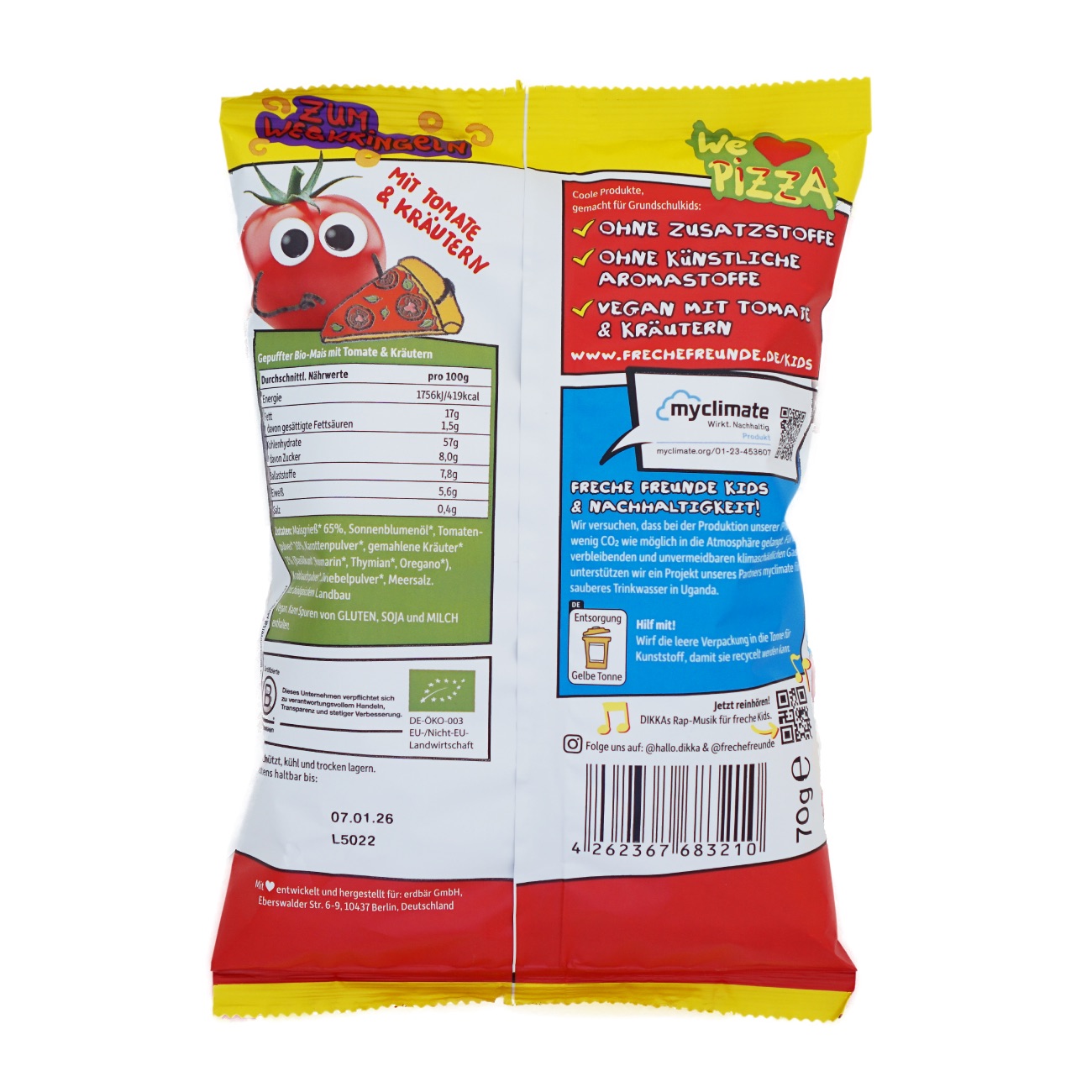 Freche Freunde(フレッヒェフロインデ)サクサクリングスナック ピザ味 小学生向け 70g のパッケージ裏面・食品表示