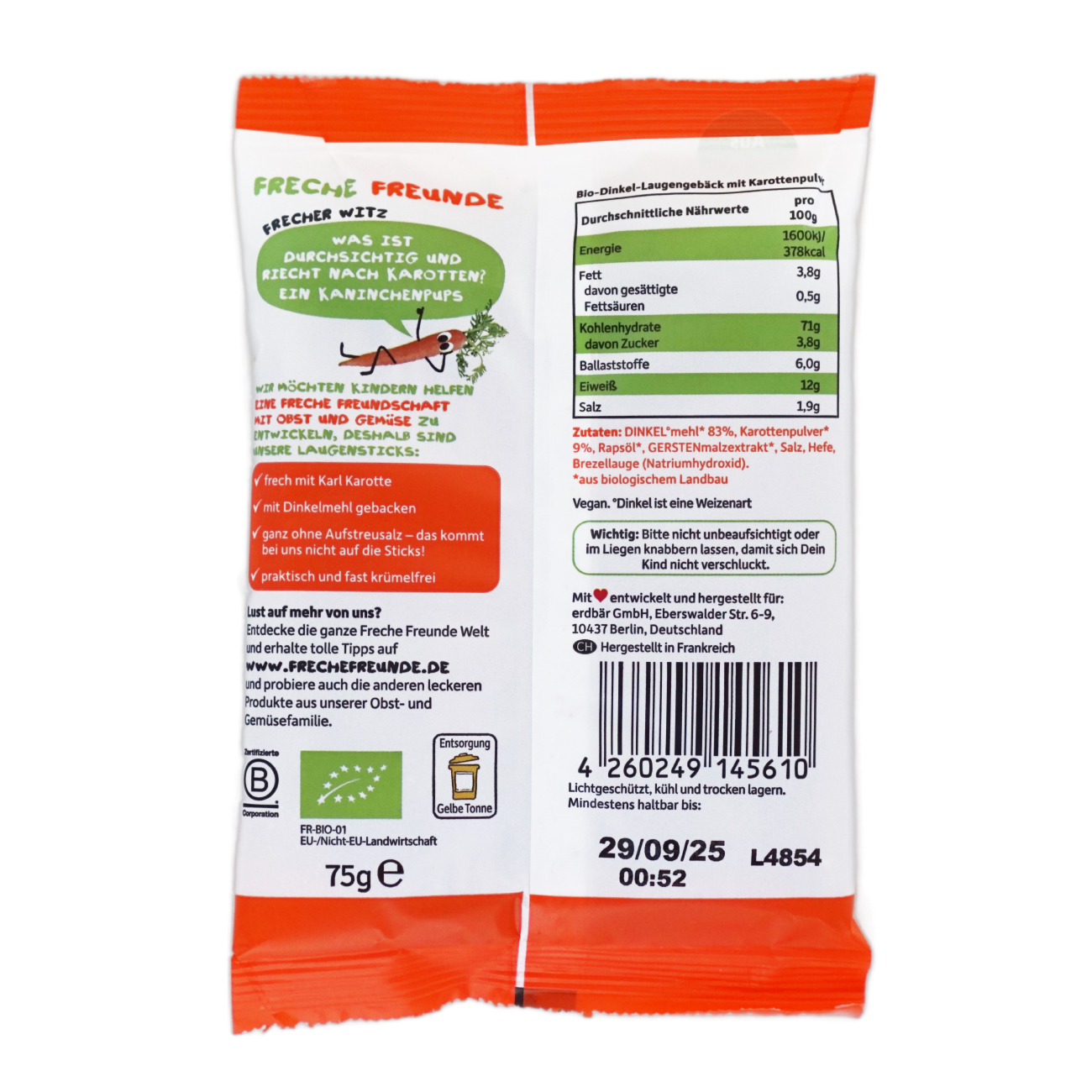 Freche Freunde にんじんプレッツェルスティック 1歳から 75gのパッケージ裏面・食品表示