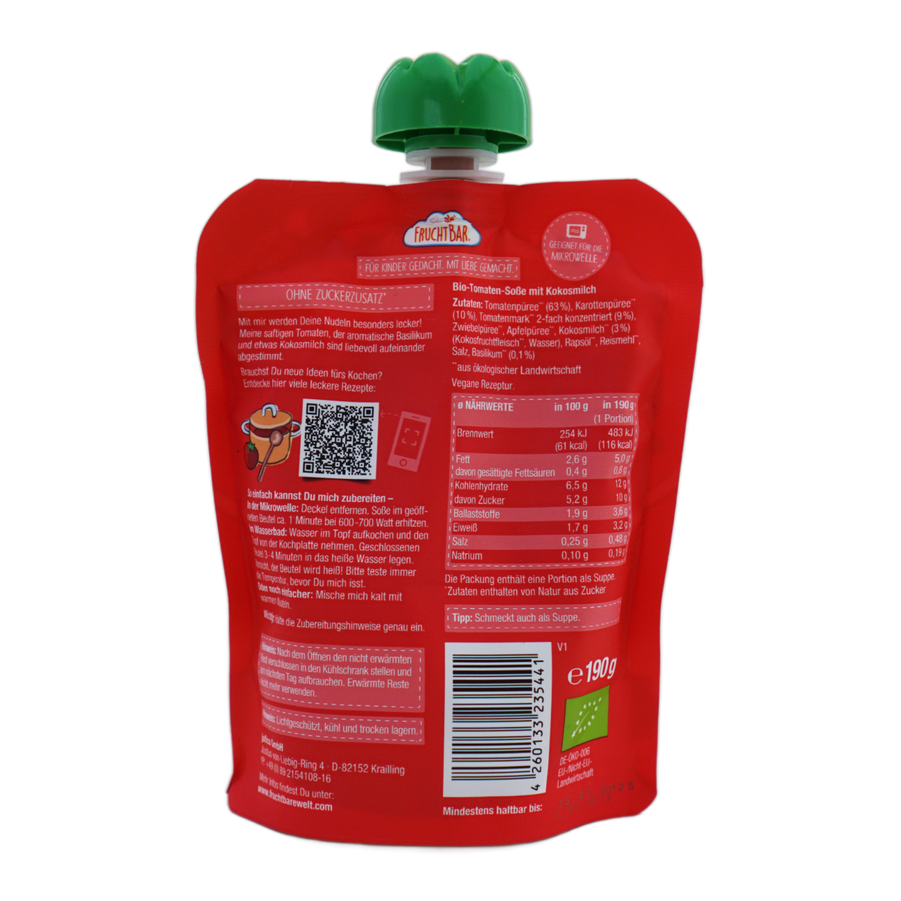 FruchtBar トマトソース 12か月から 190gのパッケージ裏面・食品表示