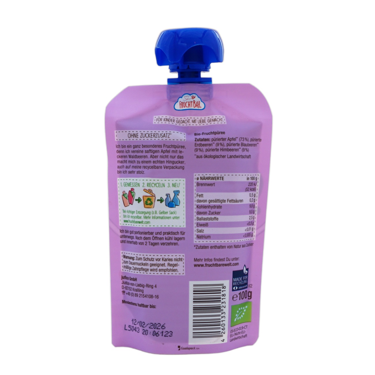 Fruchtbar(フルフトバー)フルーツピューレ りんご・森の果実(ベリー)6か月から 100g のパッケージ裏面・食品表示