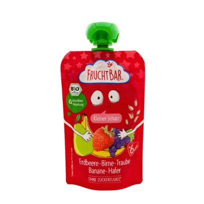 Fruchtbar（フルフトバー）フルーツピューレ　いちご・洋梨・ぶどう・バナナ・オーツ麦 6か月から 100gのパッケージ