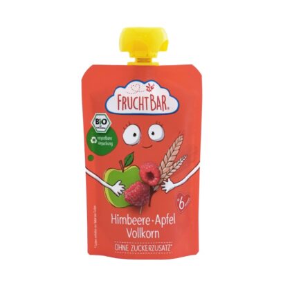 Fruchtbar（フルフトバー）フルーツピューレ ラズベリー・りんご・ライ麦&全粒スペルト小麦 6か月から 100gのパッケージ