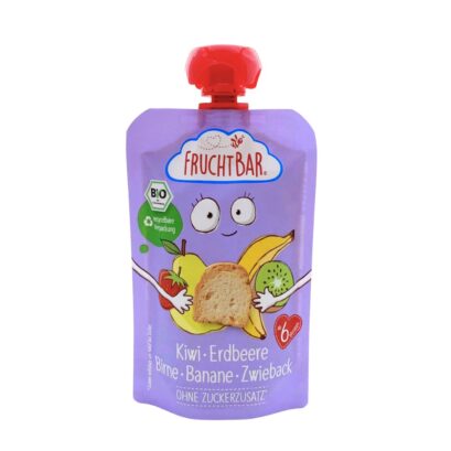 Fruchtbar（フルフトバー）フルーツピューレ キウイ・いちご・洋梨・バナナ・ラスク 6か月から 100gのパッケージ