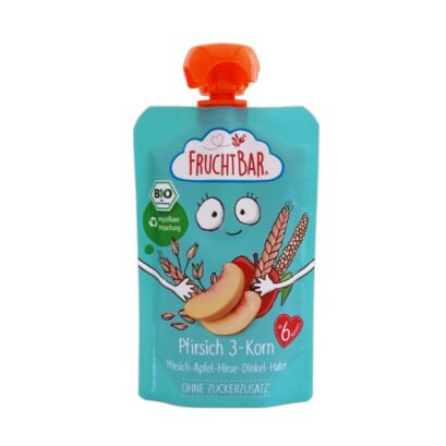Fruchtbar（フルフトバー）フルーツピューレ もも・りんご・キビ・スペルト小麦・オート麦 6か月から 100gのパッケージ