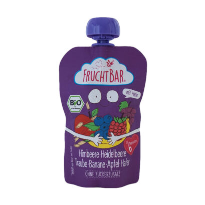 Fruchtbar（フルフトバー）　ラズベリー・ブルーベリー・ぶどう・バナナ・りんご・オートミール 6か月から 100gのパッケージ