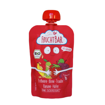 Fruchtbar（フルフトバー）フルーツピューレ　いちご・洋梨・ぶどう・バナナ・オーツ麦 6か月から 100gのパッケージ