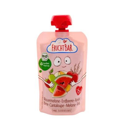Fruchtbar（フルフトバー）フルーツ&穀物ピューレ すいか・いちご・りんご・洋梨・マスクメロン・米 6か月から 100g のパッケージ