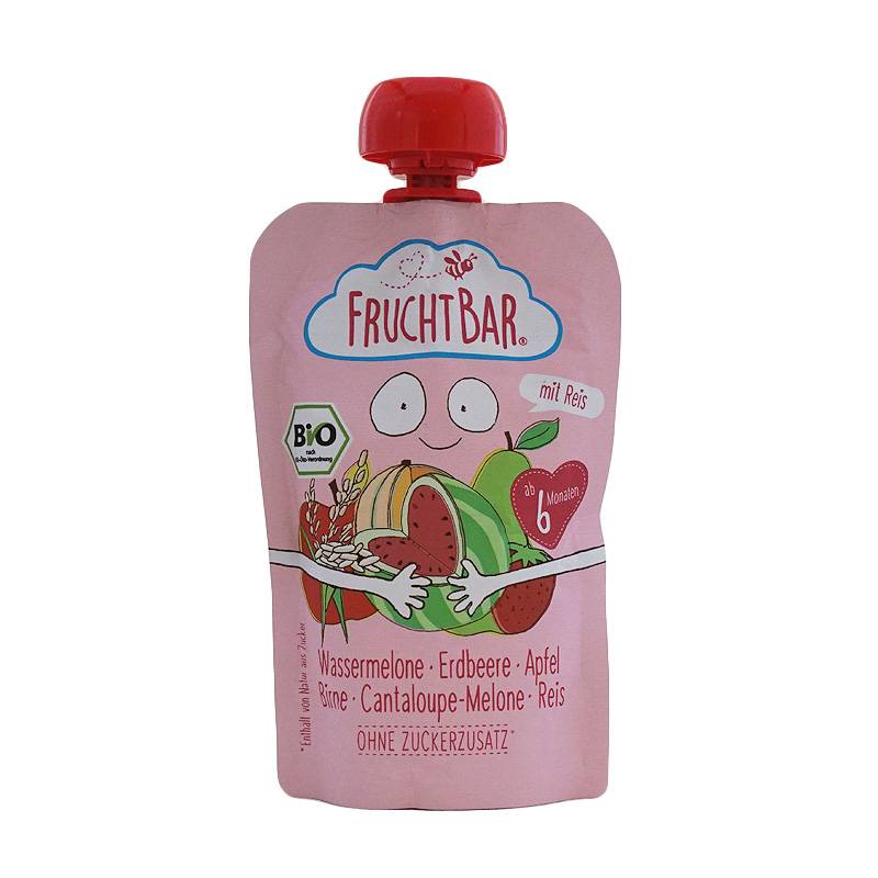Fruchtbar(フルフトバー)フルーツピューレ すいか・いちご・りんご・洋梨・マスクメロン・米 6か月から 100g のパッケージ