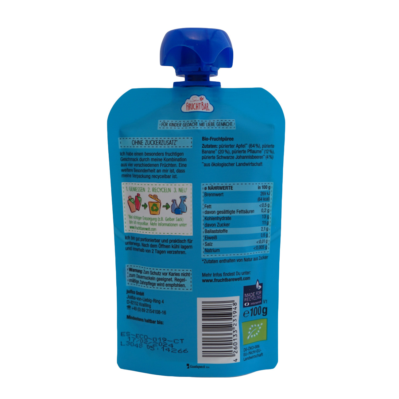 Fruchtbar(フルフトバー)フルーツピューレ プラム・バナナ・りんご・カシス 6か月から100g のパッケージ裏面・食品表示