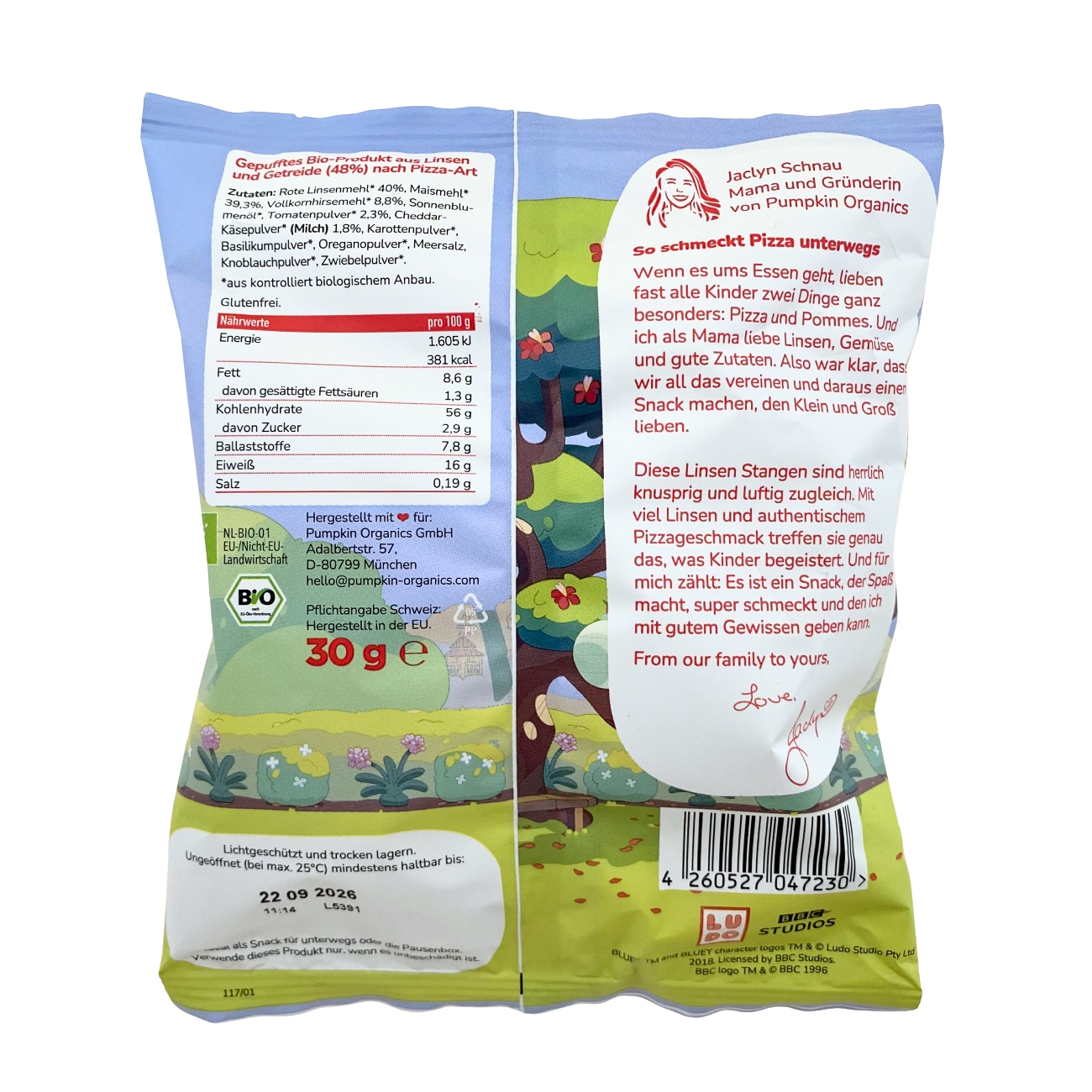 pumpkin organics レンズ豆スティック ピザ味 3歳から 30g のパッケージ裏面・食品表示