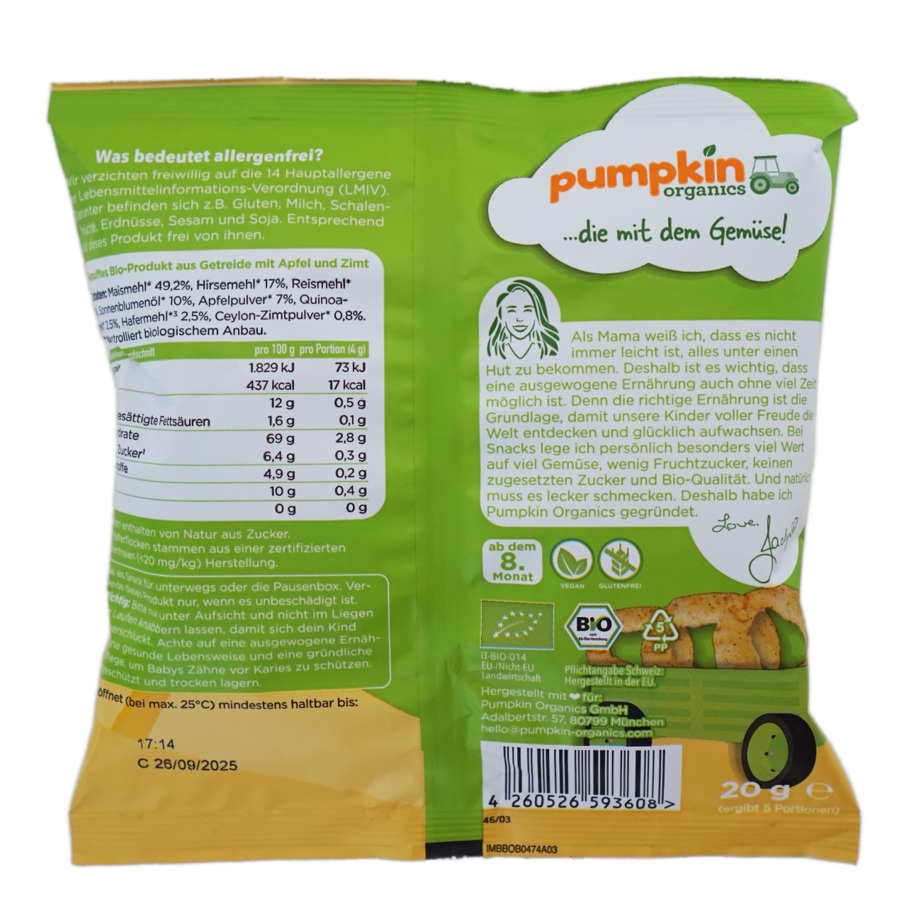 pumpkin organics(パンプキン・オーガニクス) 雑穀リングスナック りんご・シナモン味 8か月から 20gのパッケージ裏面・食品表示