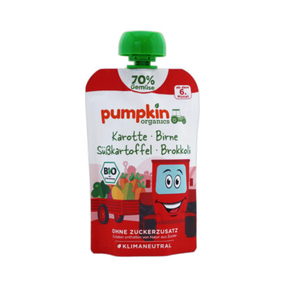 pumpkin organics 野菜70%のピューレ にんじん・洋梨・さつまいも・ブロッコリー 6か月から 100gのパッケージ