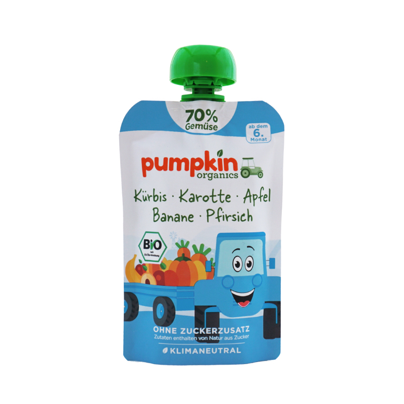 pumpkin organics 野菜70%のピューレかぼちゃ・にんじん・りんご・バナナ・もも 6か月から 100gのパッケージ