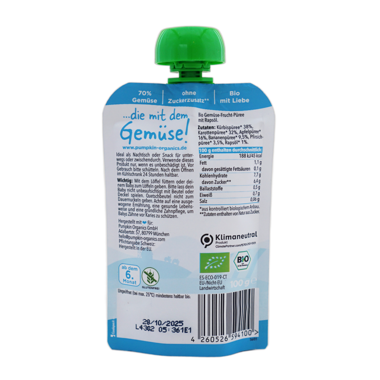 pumpkin organics 野菜70%のピューレかぼちゃ・にんじん・りんご・バナナ・もも 6か月から 100gのパッケージ裏面・食品表示