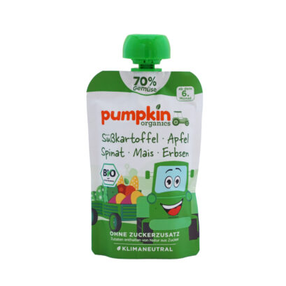 pumpkin organics（パンプキン・オーガニックス） 野菜70%のピューレ（緑）さつまいも・りんご・ほうれん草・とうもろこし・グリーンピース 6か月から 100gのパッケージ