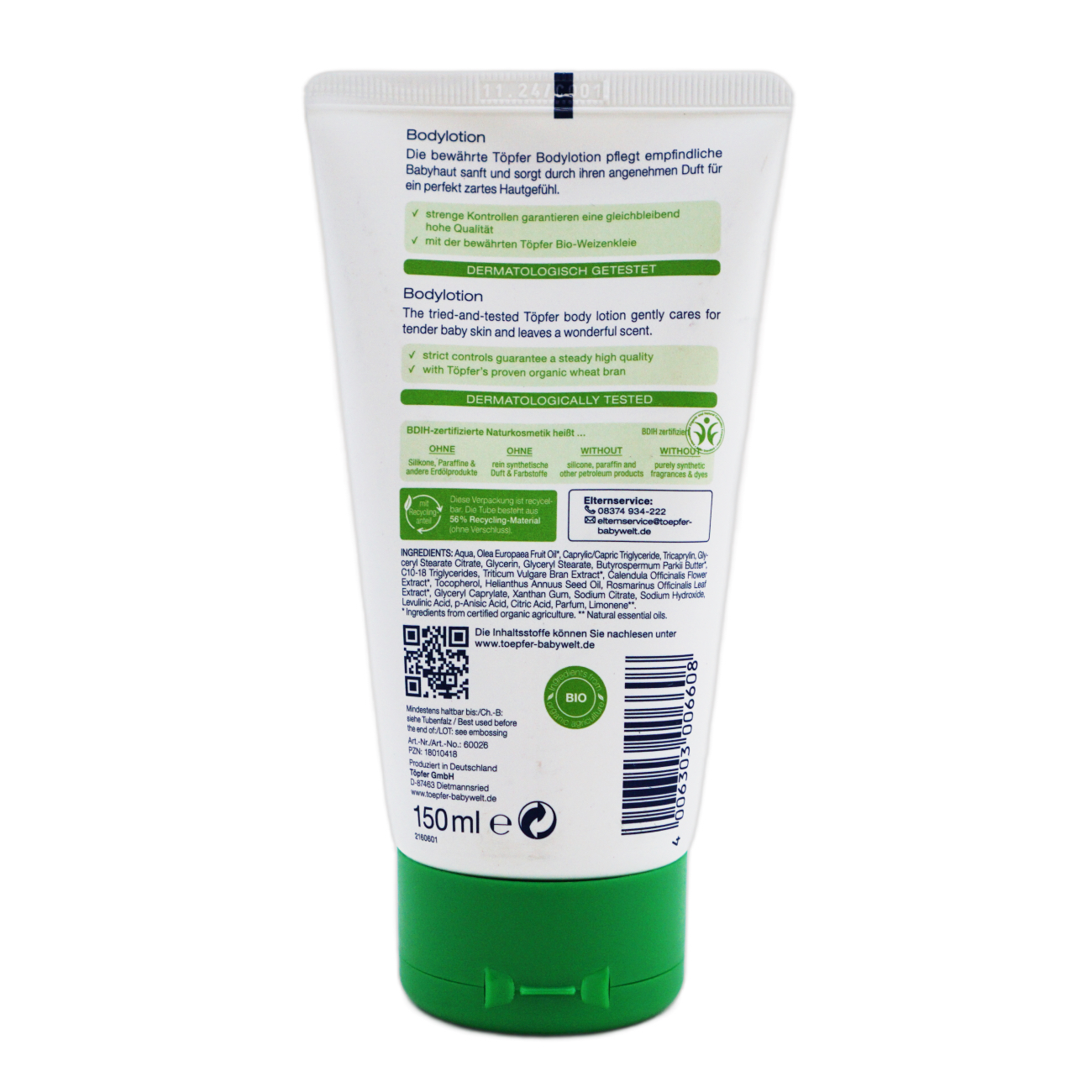 Töpfer(テュプファー)ベビーケア ボディーローション 150ml パッケージ裏面、成分表示